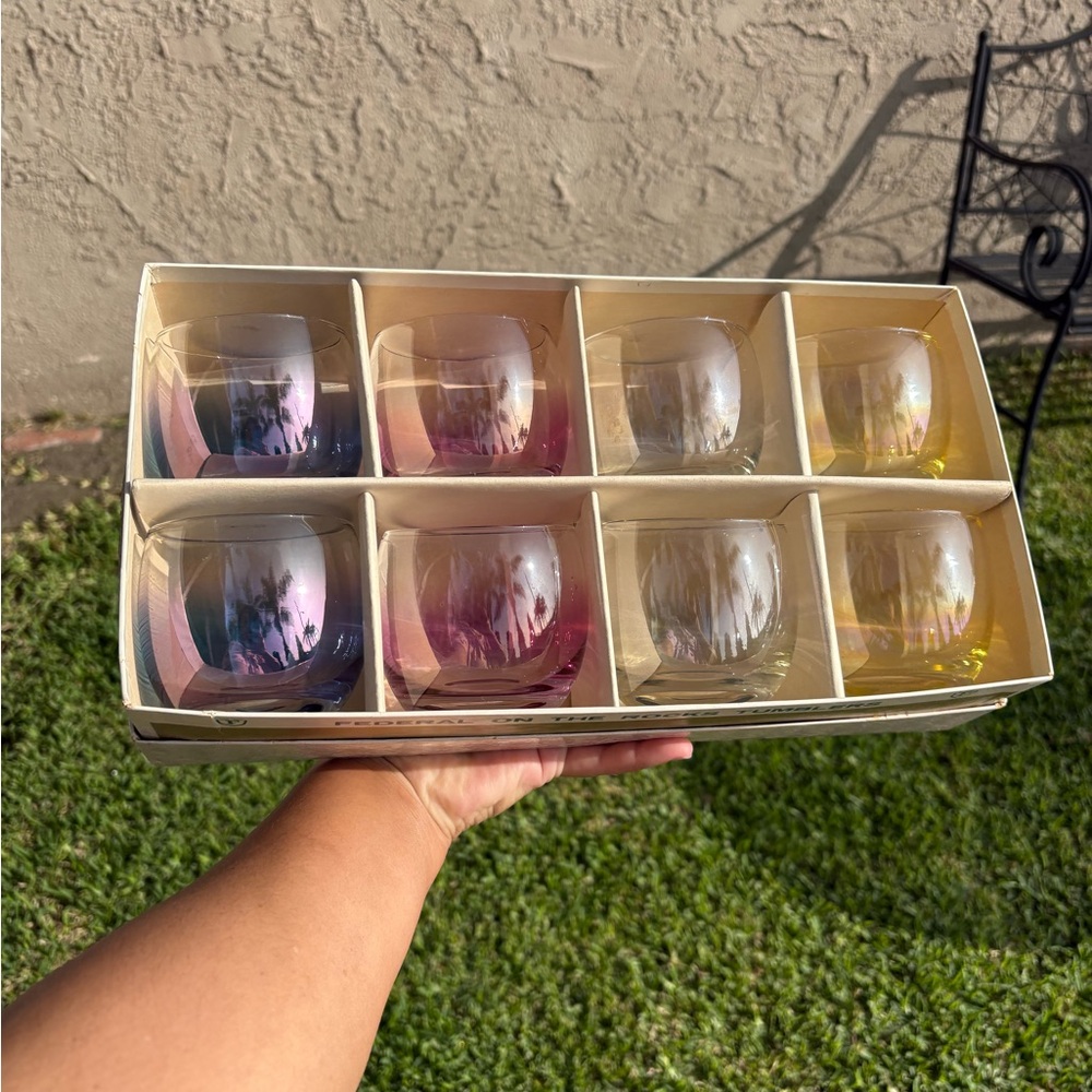 Vintage Federal Glass 11oz On The Rocks Gem Tone Roly Poly Tumblers Original Box